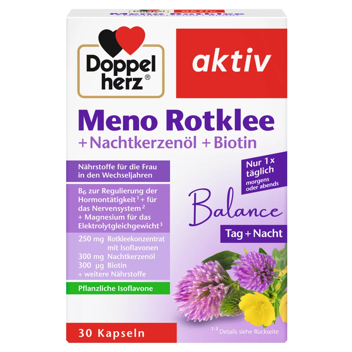 Abbildung der Produktverpackung Doppelherz aktiv Meno Rotklee Frontansicht